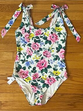 Aerie Floral Tie-Shoulder One-Piece Swimsuit in Cream, Pink, Yellow & Blue